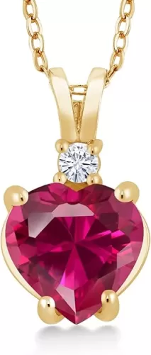 Gem Stone King 14K Yellow Gold Heart Shape Red Created Ruby and White Topaz Pendant Necklace For Women (2.27 Cttw, with 18 Inch Chain)
