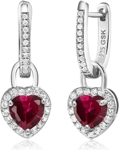 Gem Stone King 6MM Heart Shape Gemstone Birthstone and White Created Sapphire Heart Earrings | 925 Sterling Silver | Drop Dangle Earrings for Women
