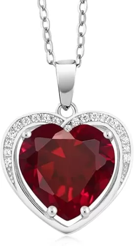 Gem Stone King 925 Sterling Silver Created Ruby Pendant Necklace For Women (4.25 Cttw, Heart Shape 10MM, With 18 Inch Silver Chain)