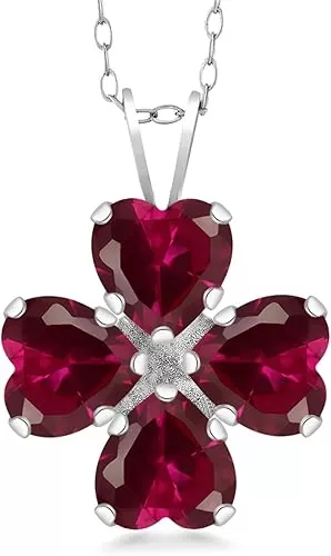 Gem Stone King 925 Sterling Silver Red Created Ruby 4 Heart Shape Gemstone July Birthstone Pendant Necklace For Women (3.84 Cttw, 6MM Heart, with 18 Inch Silver Chain)