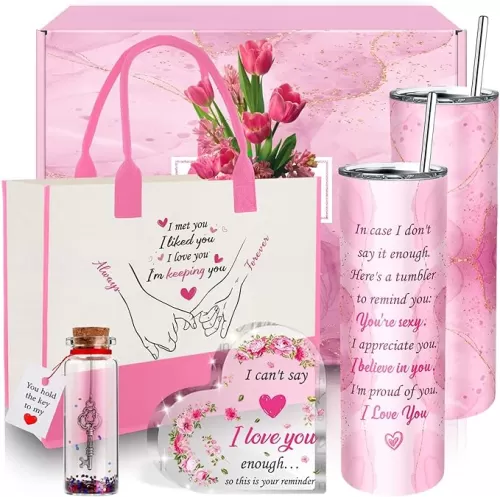Gifts for Her Girlfriend, Mothers Day Gifts for Mom, Pink Valentines Day Gifts for Her, Women Wife Sister with Tumbler Canvas Tote Bag I LOVE YOU Desktop Sign Valentine Jars