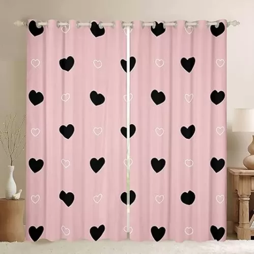 Girls Curtain Cute Heart Pattern Window Curtains Lovely Pink Black Window Drapes Cartoon Geometric Window Treatments Girly Kawaii Bedroom Decor Gift Modern Window Curtain Panels 38"x45", 2 Panels