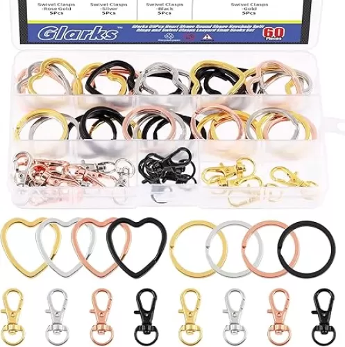 Glarks 60Pcs Flat Key Chain Ring Kit, 4 Colors Creative Heart Shape and Round Shape Keychain Split Key Rings with Swivel Clasps Lanyard Snap Hook for Car Home Keys Organization, Arts Crafts, Lanyards