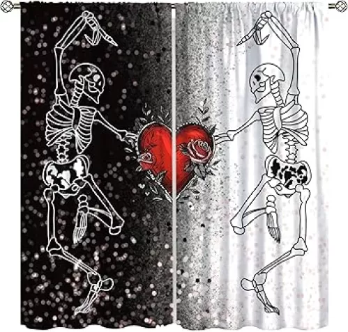 Gothic Skull Curtains, Aesthetic Love Couple Black and White Duplex Heart Rose Flower Windows Treatments Drapes for Girls Boys Juvenile Bedroom Living Room 42x45in（No Blackout）