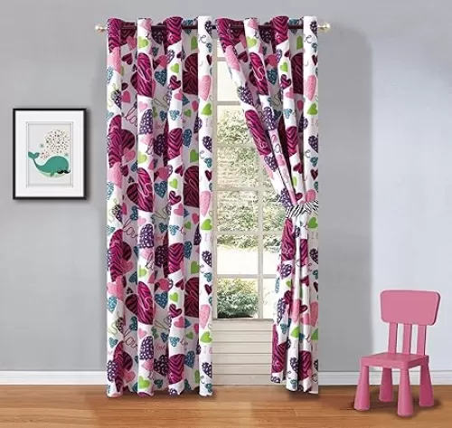 GrandLinen - Girls Kids -Misty Zebra Tween Teen Grommet Curtains with Ties. 2 Panels, W60 x L84-Inch Matches Our Misty Zebra Bedding-Love, Hearts-Hot Pink, Turquoise Blue, Purple, Black and White