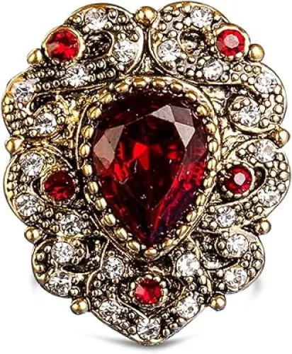 HAIXIAN Gold Red Ruby Stone Ring for Women, Retro 14K Yellow Gold Plated Waterdrop Shap Gemstone Crystal Ring, Big Large Heart Shape Cocktail Party Chunky Dome Ring for Women Her