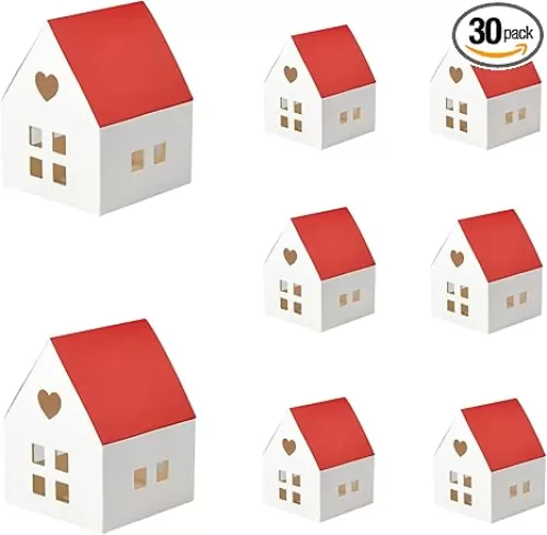 HAN SHENG 30 Pcs Red House Shaped Candy Boxes with Roof - Wedding Favors, Christmas Party Gift Boxes, Birthday Candy Storage Containers, Decorative Ornament Boxes for Holidays & Special Events