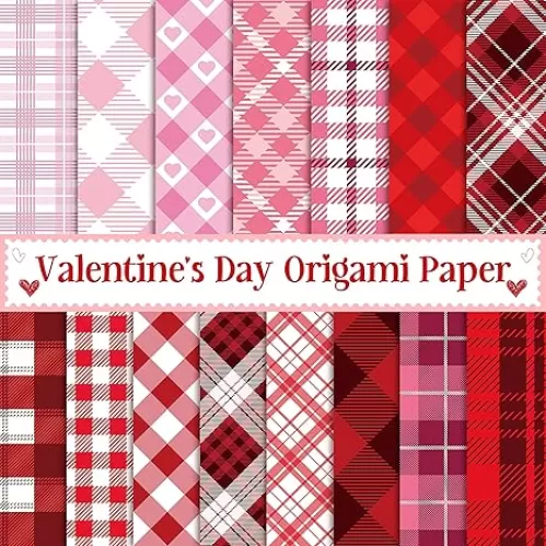 Haooryx Valentine’s Decorative Craft Paper - 60Sheet Valentine’s Day Origami Paper Set Double-Sided Patterned Paper Red&Pink Buffalo Plaid Giftwrap Scrapbooking Gift Wraping Decor Classroom Activities