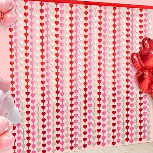 Heart Foil Fringe Curtains 3.3 X 6.6 ft Valentine Tinsel Foil Heart Streamers Red Pink Sliver Hearts Foil Curtains Backdrop for Valentines Day Anniversary Wedding Birthday Decor, 2 Pack