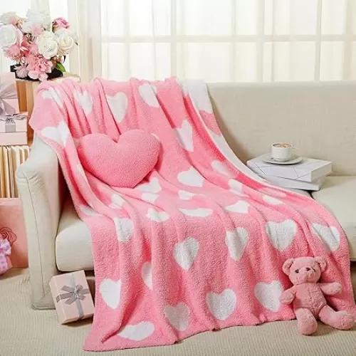 Heart Pillow Blanket and Pillow Set Include 50 x 60 Inch Double Sided Pink Flannel Blanket and Heart Shaped Plush Throw Pillows for Home Living Room Bed Couch Sofa Decor Lover Gifts