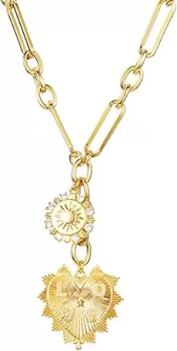 HETICA Chunky Gold Necklace for Women, Heart Pendants Necklace Sun Flower Necklace Fashion Hip Hop Choker Gift