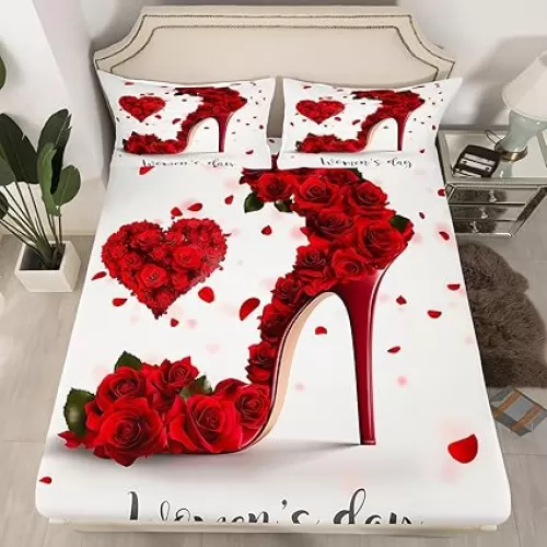 High Heels Fitted Sheet Valentines Day Bedding Set Queen for Wife Girlfriend Women, Engagement Newlyweds Gift Bed Sheets for Girls Couples Romance Red Rose Love Heart Sheets Women