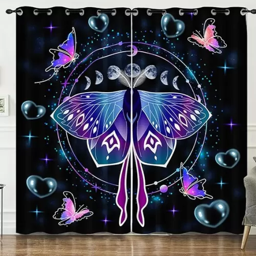 HOSIMA Butterfly Curtains for Living Room 2 Panels Set, Moon Starry Sky Galaxy Curtains for Bedroom Butterfly Decor Aesthetics, Blue Heart-Shaped Bubble Fancy Curtains for Living Room, 42W*63H Inch