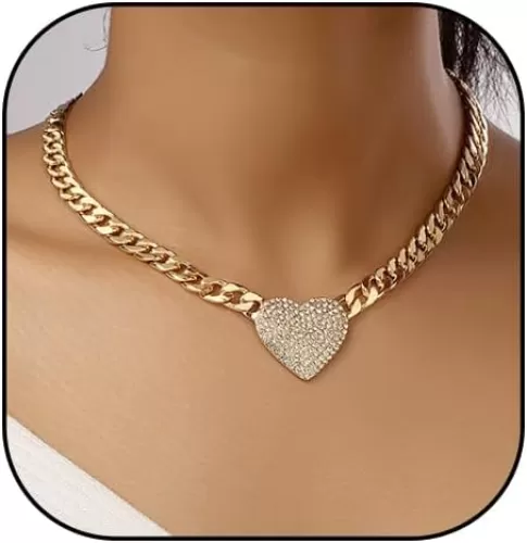 HUJUON Rhinestone Heart Necklace for Women Gold Silver Heart Pendant Choker Necklace Cuban Link Chain Love Heart Chunky Necklace Zircon Heart Statement Necklace
