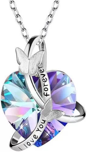 I Love You Heart Shape Pendant Necklace Butterfly Necklace Shining Crystal Dainty Necklace for Women