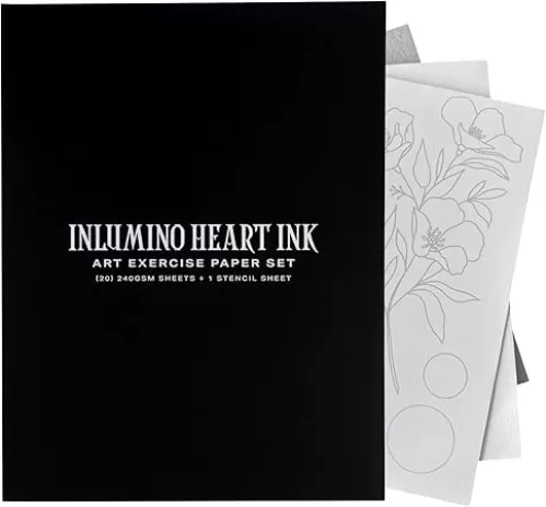 Inlumino Heart Ink Premium Tattoo Practice Paper Set for Beginners, Stippling and Ballpoint Pen Art - 20 Sheets 240GSM Artist Paper, Stencil, Foam Pad - Beginners, Professional