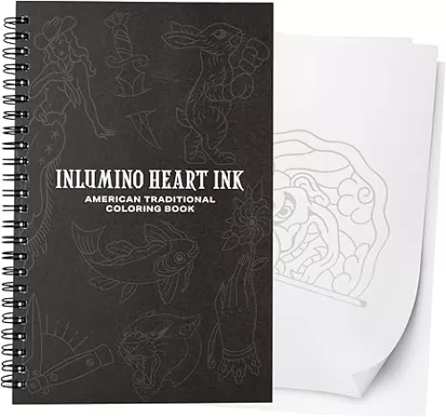 Inlumino Heart Ink Tattoo-Inspired Coloring Book for Adults - 40 Sheets 240 GSM, Stippling and Ballpoint Pen Practice - Includes Hearts, Skulls, Daggers