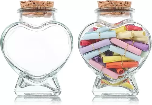 iplusmile 2Pcs Small Glass Bottle with Cork Lid, 50ML Mini Heart Shaped Glass Jars Message Wishing Bottles for Wedding Favors Box Honeymoon Candy Containers DIY Art Crafts