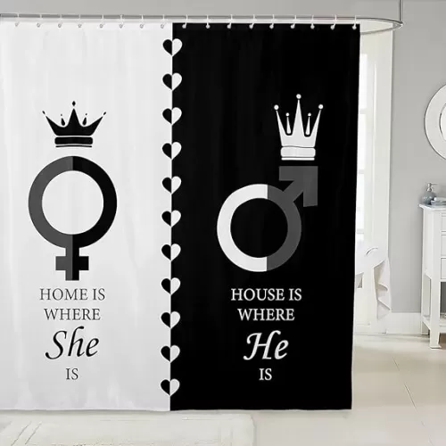 jejeloiu Black White Shower Curtain 72"x72" Couple Love Hearts Bathroom Shower Curtain Set for Girls Women Lover Romantic King and Queen Crown Bath Curtain Valentine
