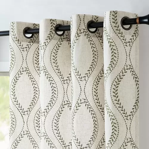 jinchan Boho Linen Blend Curtains Beige Spring Farmhouse Curtains 84 Inches Long Green Embroidered Leaf Living Room Ogee Geometry Drapes Light Filtering Grommet Country Drapes 2 Panels Green on Flax