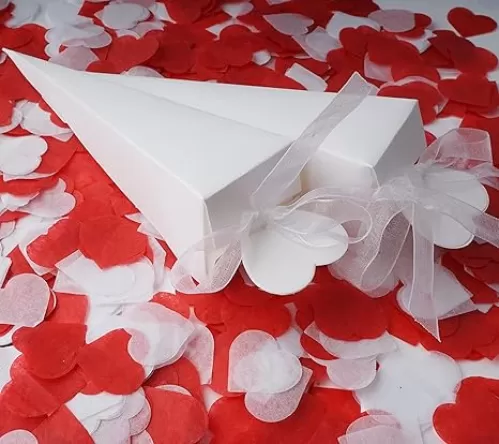 JINLYXHUI 50 Pcs Candy Paper Boxes with Ribbons Cone Box for Wedding Baptism Birthday Party Decorations (Heart-shaped, White)