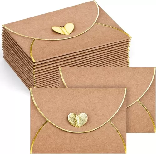 JOHOUSE 50PCS Gift Card Envelopes, Kraft Envelope with Gold Border Small Envelope Heart Shaped Clasp for Wedding Birthday Note Cards Business Card