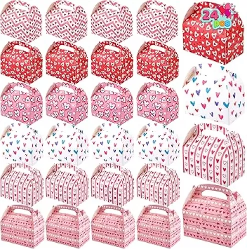 JOYIN 24 Pcs Valentine’s Day Gift Treat Boxes, Cookie Boxes with Colorful Heart shaped Design for Kids Party Favor, Classroom Exchange Prizes, Valentines Candy Boxes