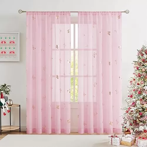 Jubilantex Pink Butterfly Sheer Curtains Gold Print Drapes for Baby Girls Nursery, Kids Bedroom 63 Inch Length Toddler Linen Textured Curtain Rod Pocket Window Treatment Sets, 2 Panels