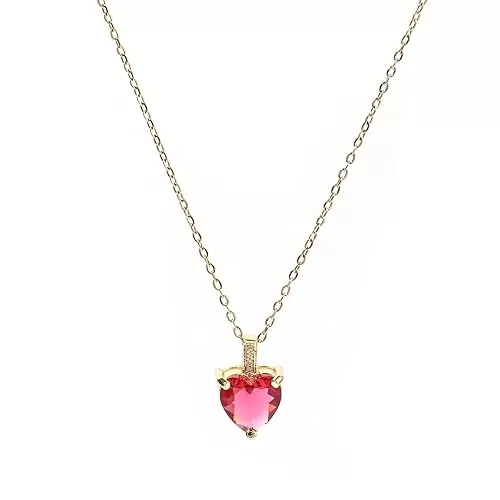 July Birthstone Necklace for Women, 14K Gold Plated Ruby Heart Necklace for Women Red Heart Necklace July Birthstone Jewelry July Birthday Gifts for Women Girls Jewelry