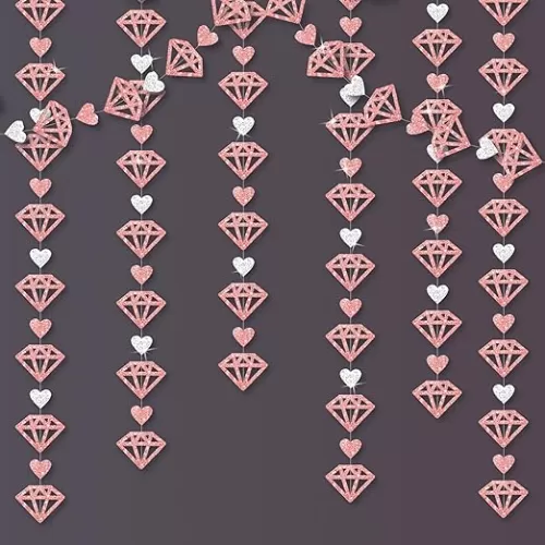 KatchOn, Rose Gold Diamond Garland - 13 Feet, 4 Strings | Rose Gold Hearts Garland | Pink Bridal Shower Banner for Bachelorette Party Decorations | Diamond Decorations, Rose Gold Party Decorations