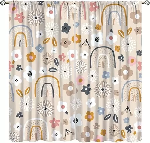Kids Rainbow Curtains Boho Cartoon Colorful Floral Stars for Girls Bedroom Decor Bohemia Love Heart Lovely Abstract Art Printed Living Room Window Drapes Fabric 42W x 45H Inch Blackout