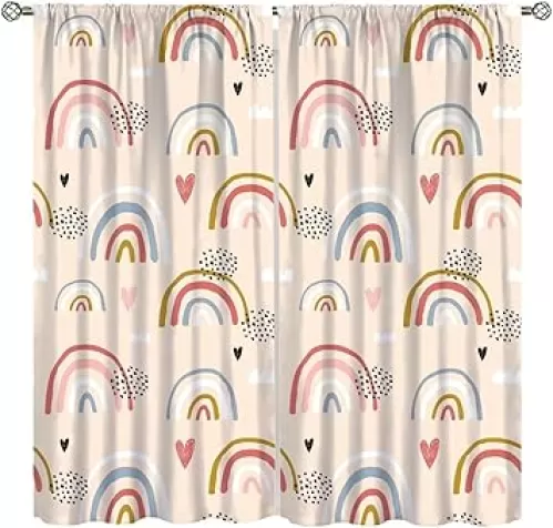 Kids Rainbow Curtains Boho Cute Cartoon Colorful Love Heart Abstract Art Curtains for Babys Bedroom Nursery Playroom Living Room Child Rod Pocket Window Drapes 2 Panel Set, Total Size 42" x 45"