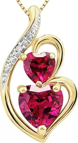 Lab Created Ruby Necklace Heart Shape with Natural Diamond Accent in 14k Yellow Gold Plated Sterling Silver - 18 Inch Chain