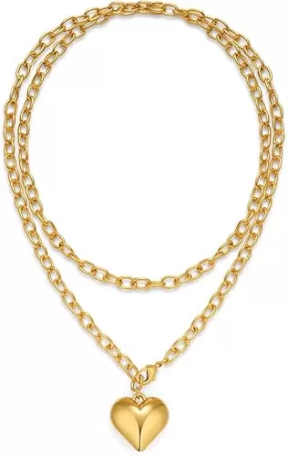 Layered Puffy Heart Necklaces For Women Gold And Silver Plated Heart Pendant Necklace Long Chain Necklace
