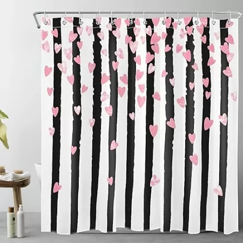 LB Black and White Striped Shower Curtain Decor Falling Pink Heart Valentine