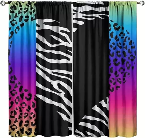 Leopard Zebra Curtain, Wild Animals Skin Colorful Geometric Romantic Heart Abstract Pattern Printing Bedroom Living Room Rod Pocket Window Drapes 2 Panels W42xl45 Inch Decor