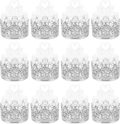 LOGOFUN 12Pcs Clear Favor Boxes Plastic Dome Shaped Candy Box Mini Gift Holder with Swan Love Heart Lid for Wedding Birthday Party Decor - Silver 3.14X2.36X2.36in