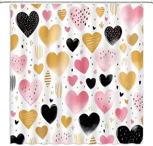 Love Heart Shower Curtain Gold Pink Hearts Cute Dreamy Girl Woman Happy Valentine Day Bathroom Decor Curtains Polyester with Hooks