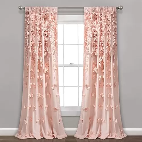 Lush Decor Riley Window Curtain Semi-Sheer Ruffled Textured Bow Window Panel for Living, Dining Room, Bedroom (Single), 54"W x 84"L, Blush