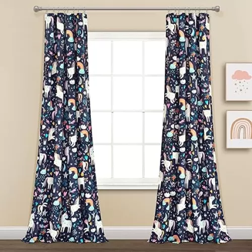Lush Decor Unicorn Heart Window Curtain Panel Pair, 52" W x 84" L, Navy