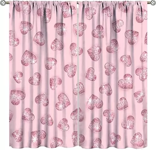 Luxury Romantic Blackout Curtains Pink Gold Glitter Hearts Shiny Pastel Vector Illustration Rod Pocket Thermal Insulated Drapes Curtain for Kids, Teens Bedroom Living Room Kitchen 31.5x72in x 2