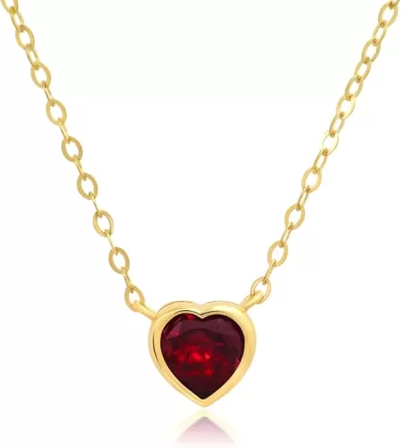 MAX + STONE Mini Solid 14k Yellow or White Gold Bezel Set Gemstone Heart Pendant Necklace for Women with Spring Ring Clasp 5mm Birthstone Necklace