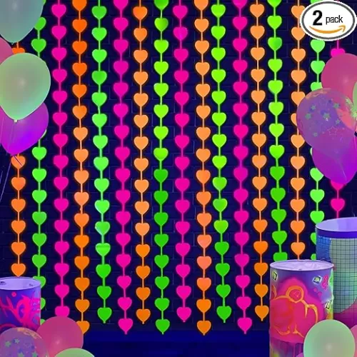Mega-L Glow In The Dark Party Supplies, 2 Pack Neon Heart Party Decorations 3.3 x 6.6 ft Fuchsia, Yellow and Orange Tinsel Foil Fringe Curtains, Photo Booth Prop Backdrop Streamer Birthday Party Decor