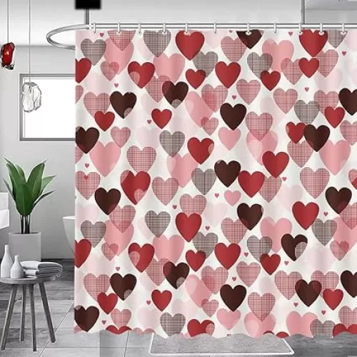 MEHOFOND Valentines Shower Curtain Red Pink Hearts Shower Curtain for Valentines Bathroom Decor Sweetheart Bathroom Curtains Washable Durable Fabric 72x72 in
