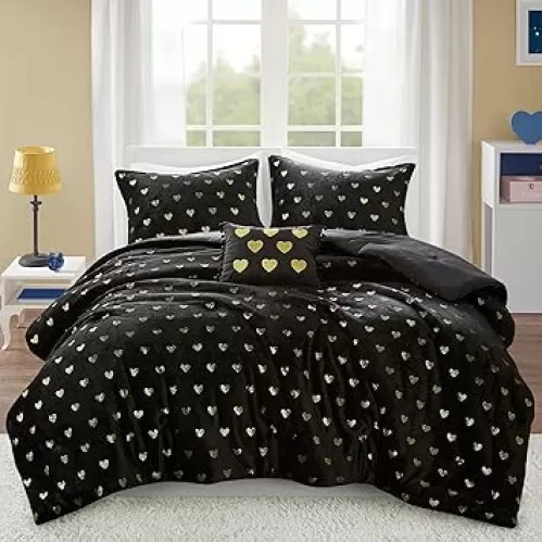 Mi Zone Twin Comforter Set, 3 Piece Metallic Hearts Bedroom Set for Girls, Soft Plush Comforter, Rosalie All Season Fluffy Twin Size Bedding Set, Black/Gold 3 Piece