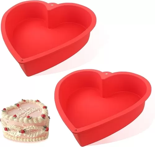 MILIVIXAY 2PCS Heart Shaped Cake Pans, 8 Inch Cake Mold, Red, Thick Style, Completely Non Stick, Food Grade Silicone, Easy To Store and Wash, Microwave, Freezer and Oven Safe.