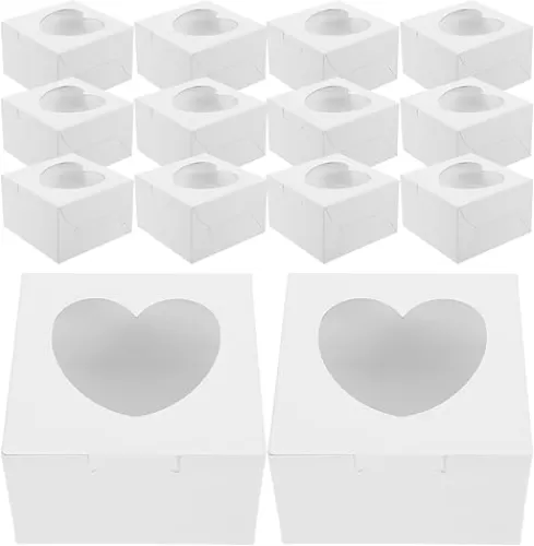 Mini Individual White Cupcake Box with Heart Shaped Window, 25pcs Small Single Favor Bakery Candy Paper Box Container for Mini Cake Cupcake Cookie Dessert Pastry Wedding
