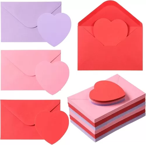MixTeach 60 Set Valentine Cards with Envelopes, Heart Shaped Greeting Cards Blank Heart Paper Cutouts Valentine Envelopes for Valentine Anniversary Business Classroom Exchange, 3 Colors