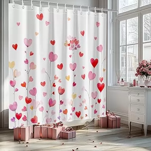 Mocsicka Valentines Shower Curtain Watercolor Pink and Red Heart Bathroom Shower Curtain Valentine Waterproof Fabric Bathtub Shower Curtains Decor with 12 Hooks 72 X 72 Inches