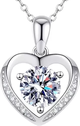 Moissanite Heart Necklace for Women, 1 Carat Heart Shaped Pendant with 925 Sterling Silver Chain for Wife, Mom, Girlfriend Jewelry Gifts